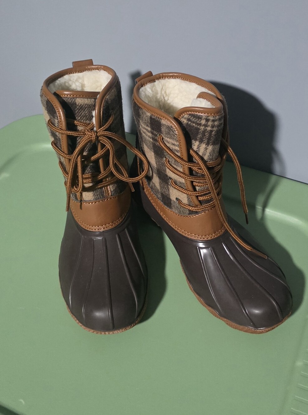 fabkids Brown Plaid Duck Boots with Faux-Sherpa Lining